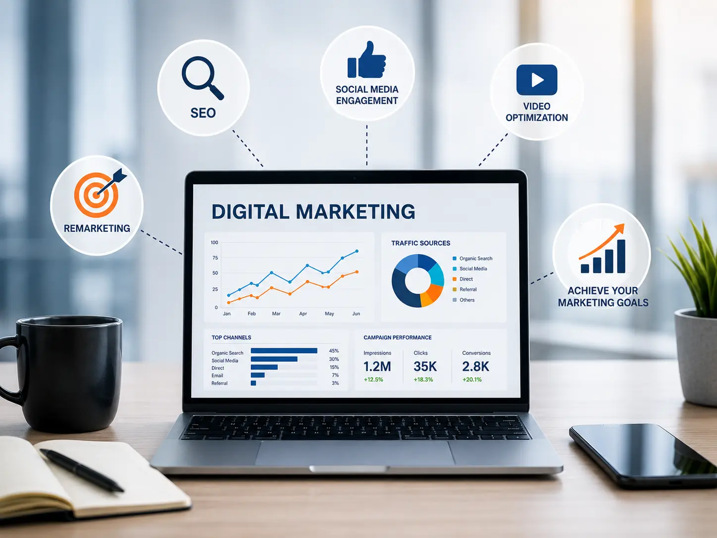 SEO plans Digital marketing dashboard with SEO, social and campaign performance
